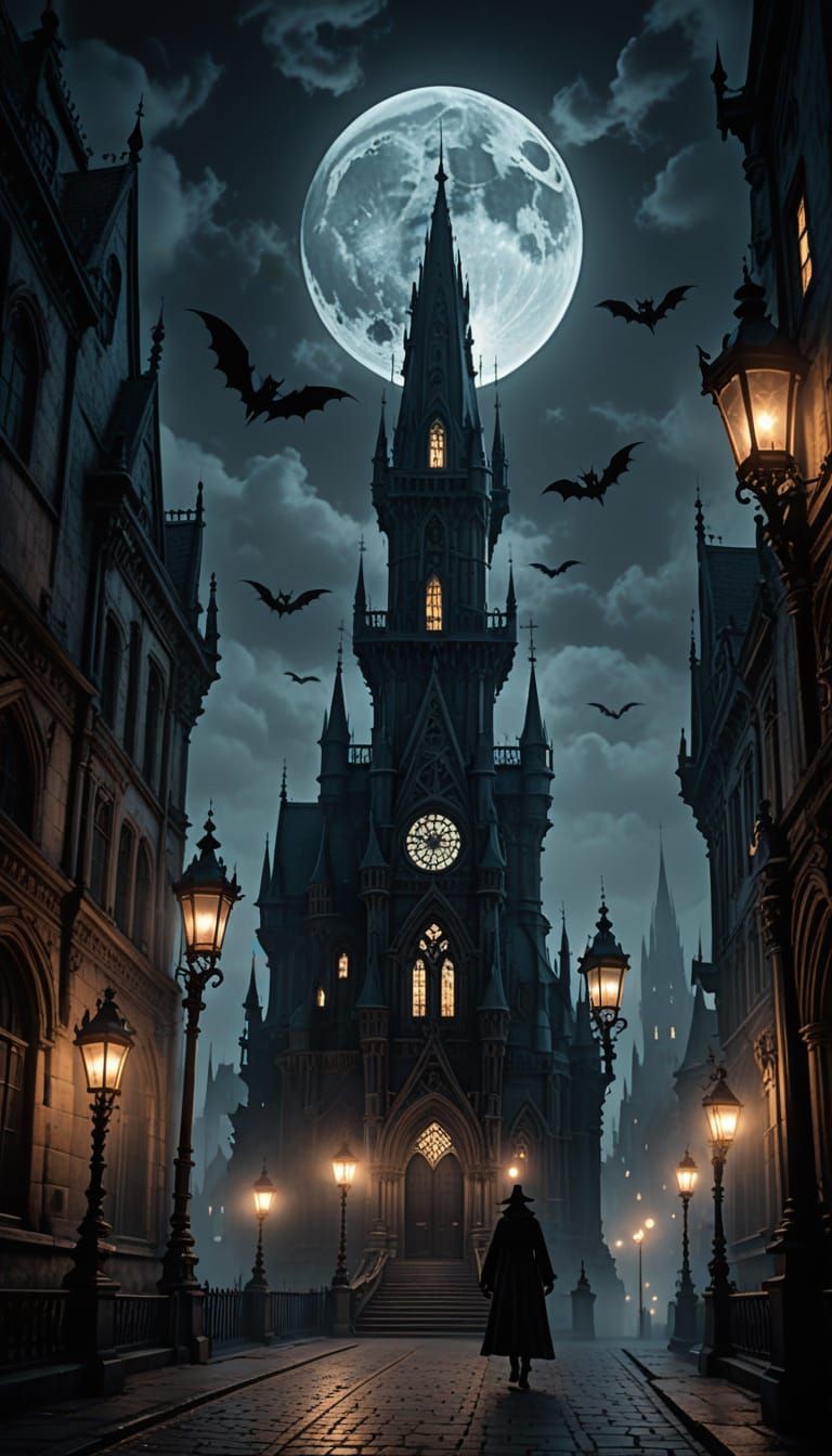 Gothic Vampire Rises Above the Dark Cathedral