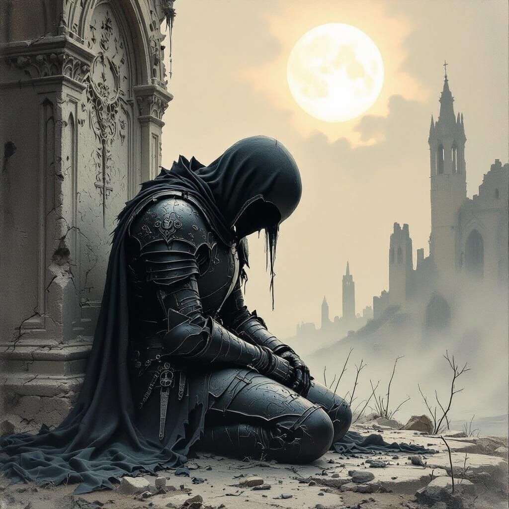 Spectral Knight Kneeling in Dark Fantasy Style