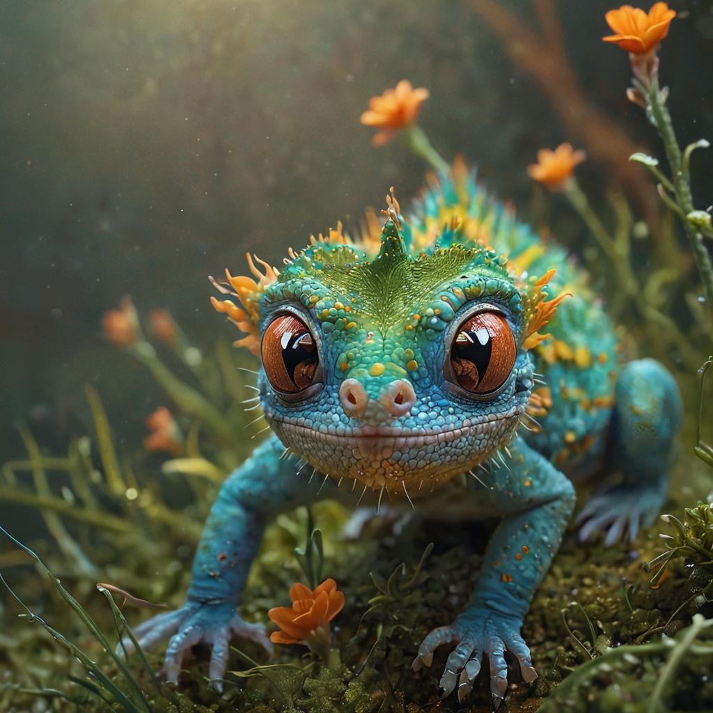 Vibrant Fuzzy Fantasy Creature in a Dewy Moss Scene