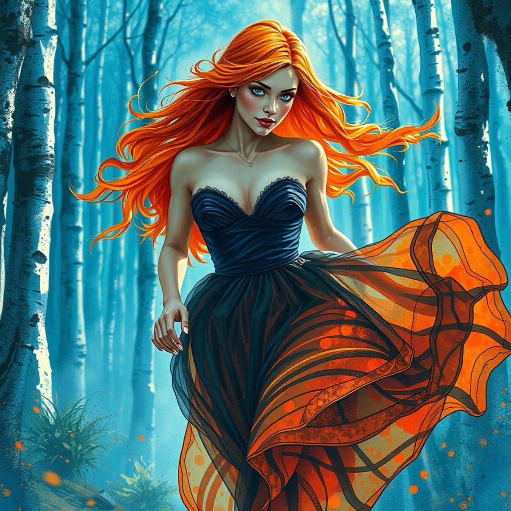 Woman in Ballgown Running Through a Vibrant Forest
