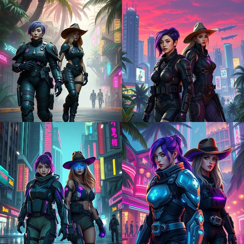 Surreal Encounter in Tropical Sci-Fi City: Cyberpunk Armor a...