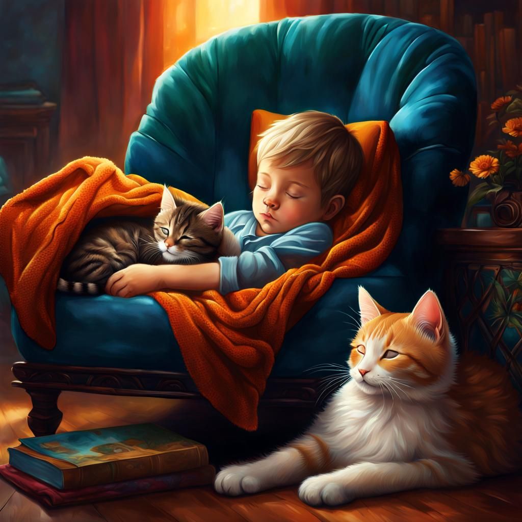 Boy Sleeping in Chair with Cats
