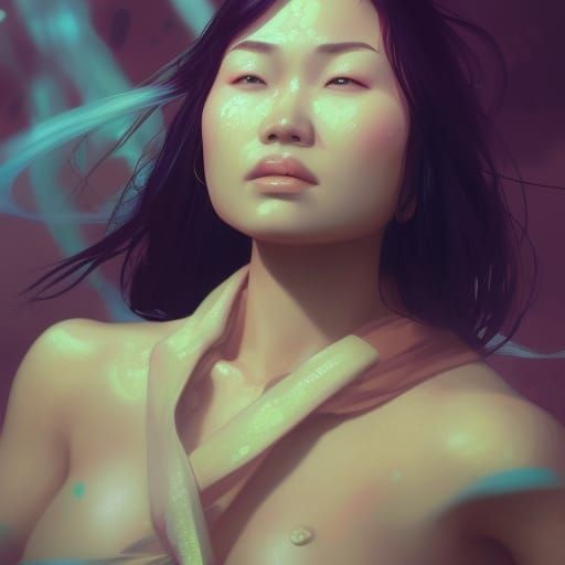 Ecstatic Asian Woman Portrait in Hyperdetailed Style