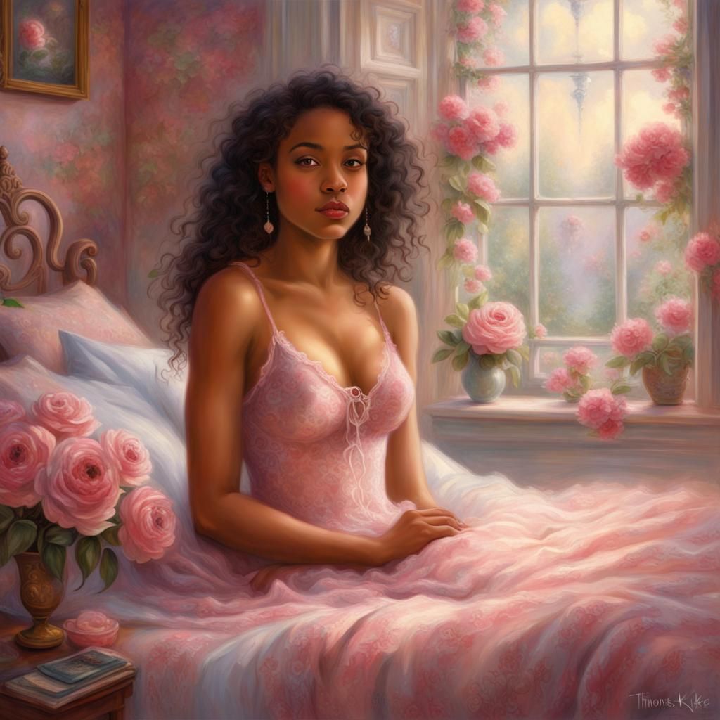 Ethereal Biracial Girl in Rose Cami, Kinkade Style
