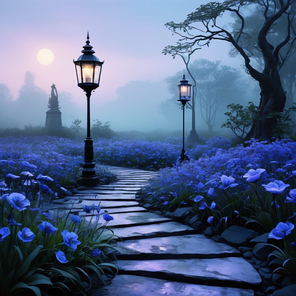 A dreamlike indigo-themed botanical garden bathed in soft tw...