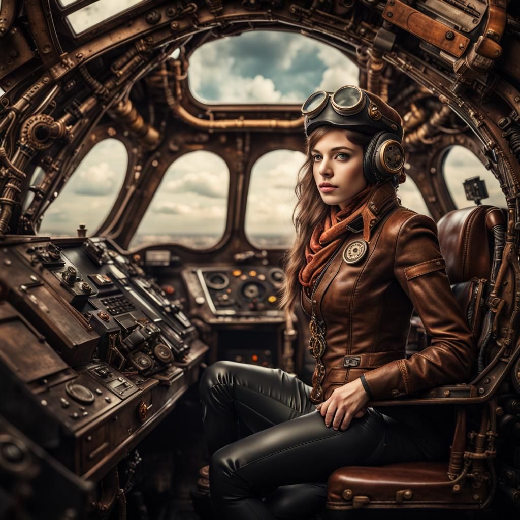 Steampunk Pilot Girl in Detailed Spaceship