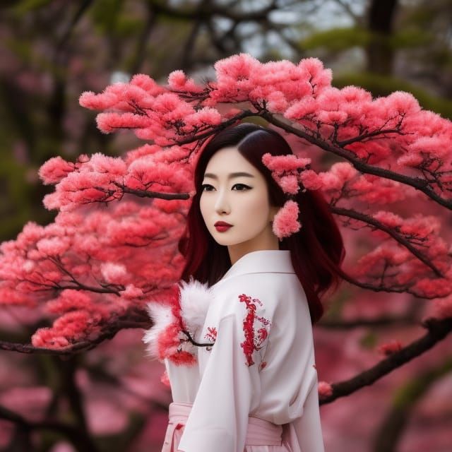 Kitsune Woman in Cherry Blossom Landscape