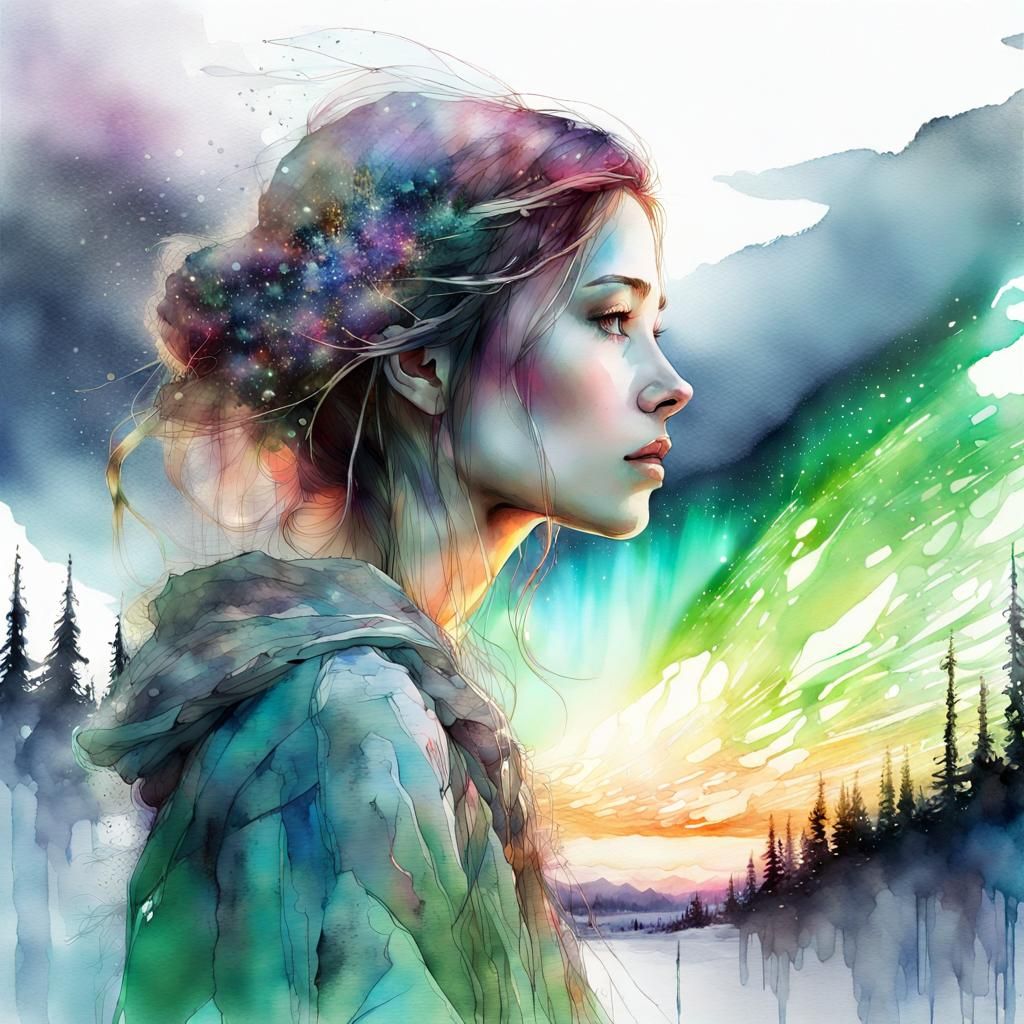Watercolor Woman Watching Aurora Borealis at Night