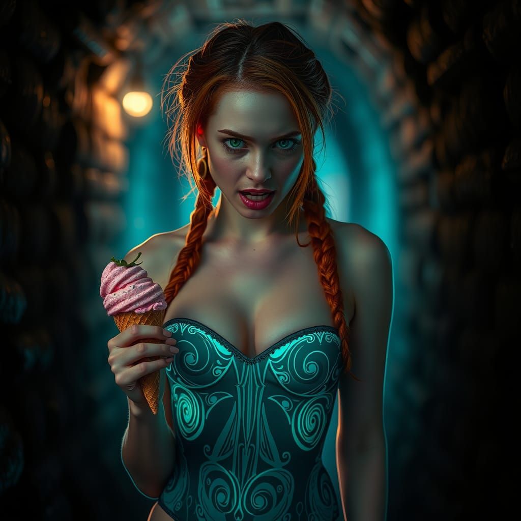 Woman in Cellar with Strawberry Ice Cream