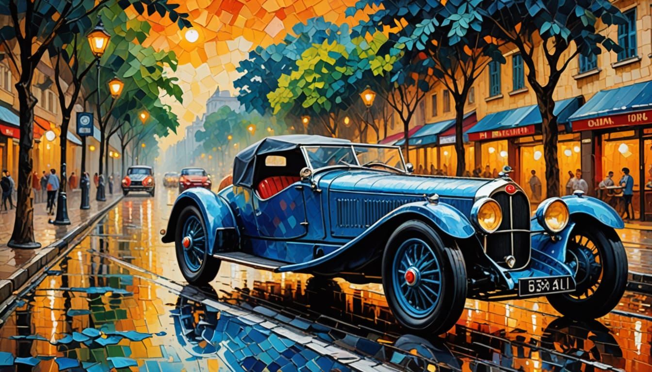 1930s Bugatti Grand Prix Car Ablaze at Sunset