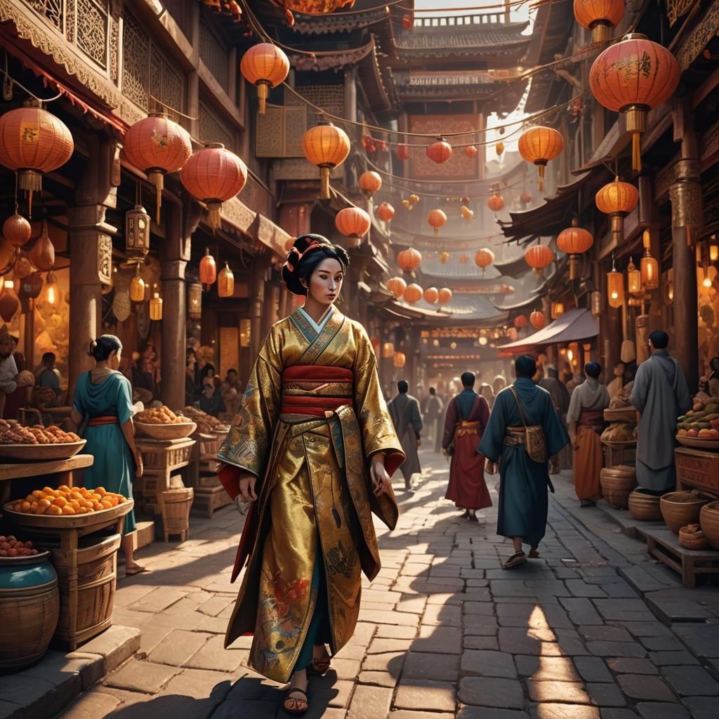 Geisha in Moroccan Marketplace: Fantasy Concept Art