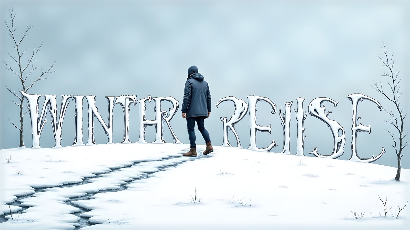 Solitary Walker Amidst 'WINTERREISE' Text Illustration