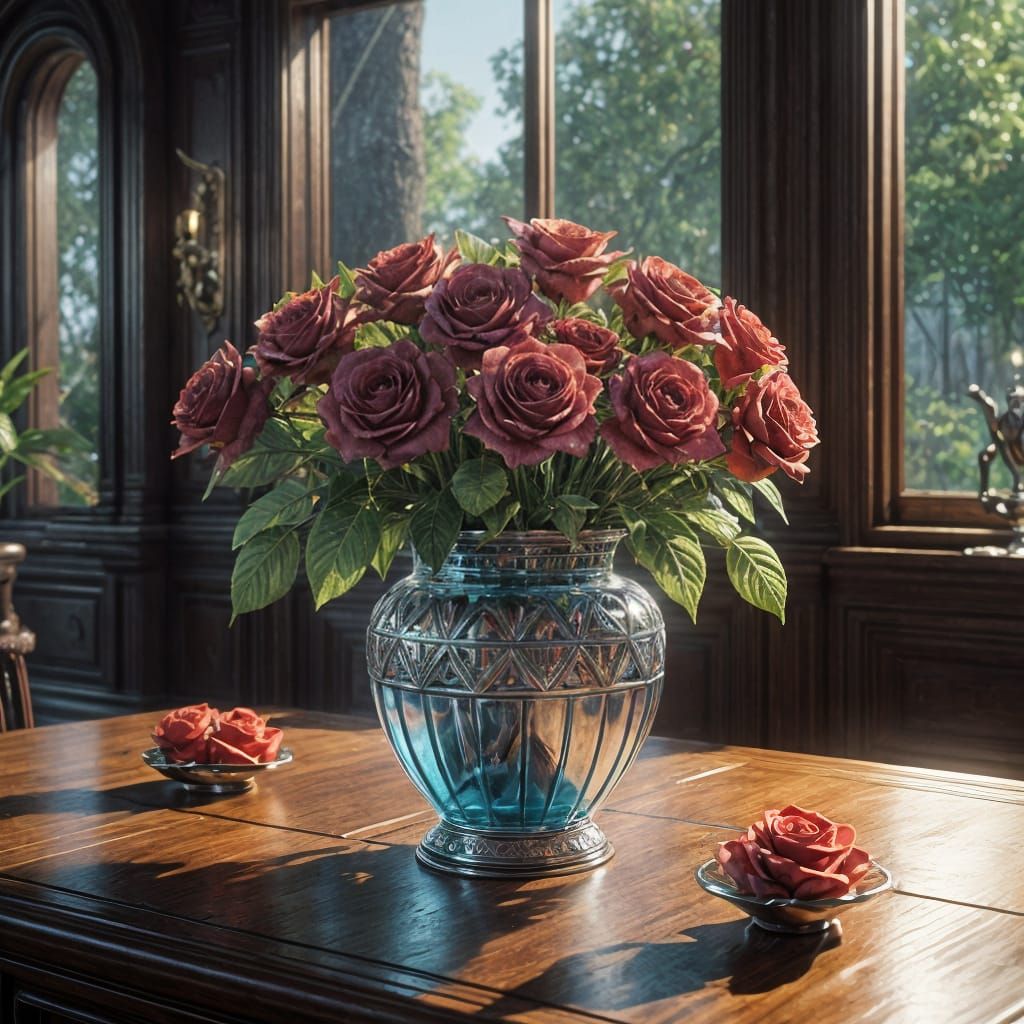 Elegant Art Deco Baccara Roses in a Sunlit Vase