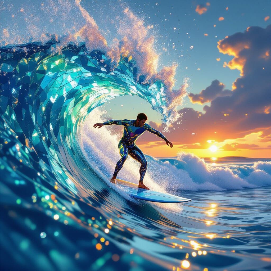 Surfer on Intricate Sea Glass Wave in Moonlight Style