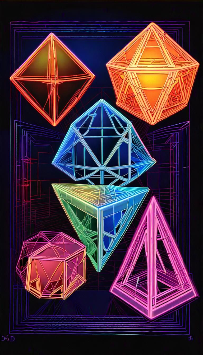 Platonic Solids Projected in 4D with Neon 3D Effects