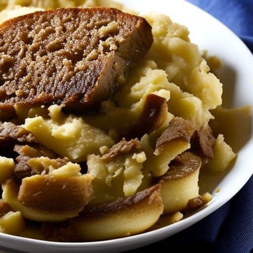 Cat eating "Mashed potatoes and sliced beef"