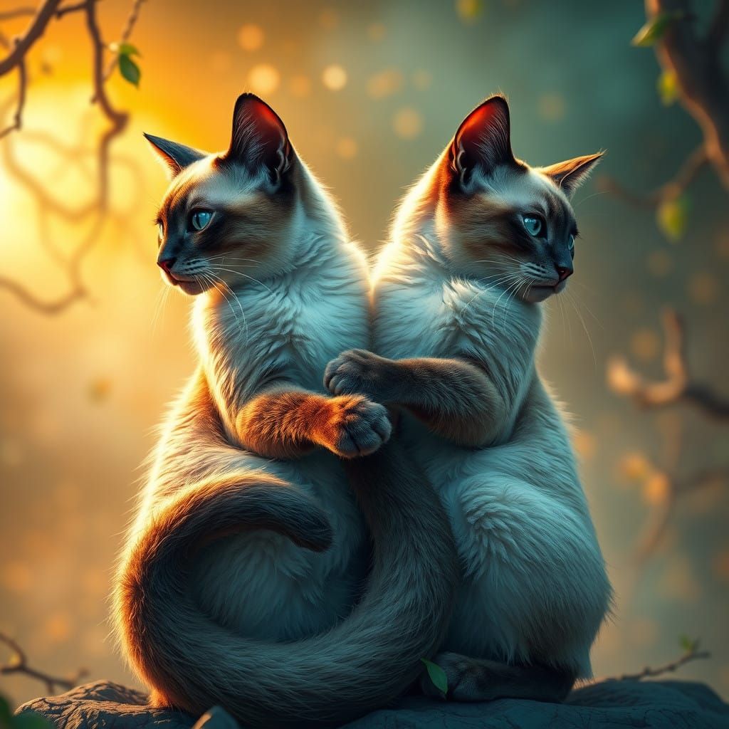 Two Siamese Cats Sharing a Fantastical Tail in Vivid Colors