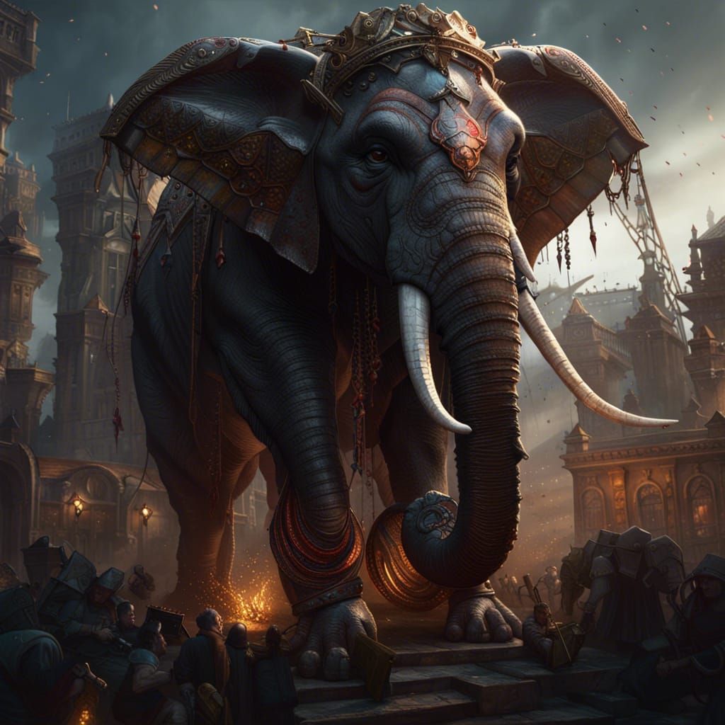 Epic War Elephant in Dark Fantasy Style