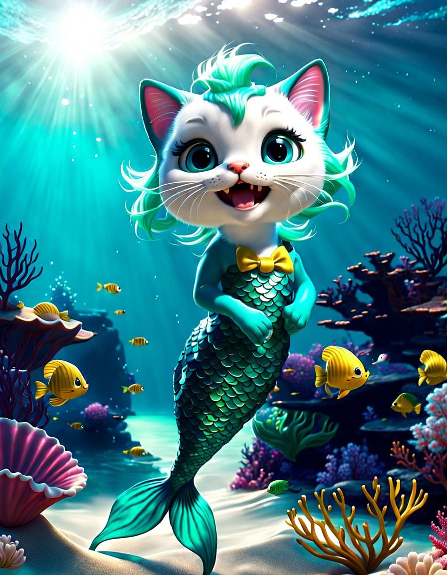 Adorable Cartoon Cat Mermaid in Ocean