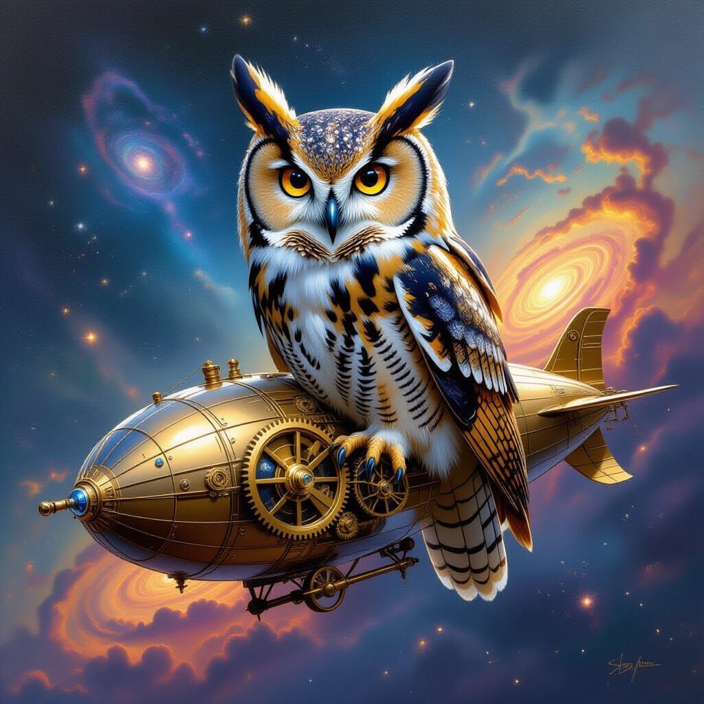 Clockwork Owl on Celestial Dirigible in Oil Style
