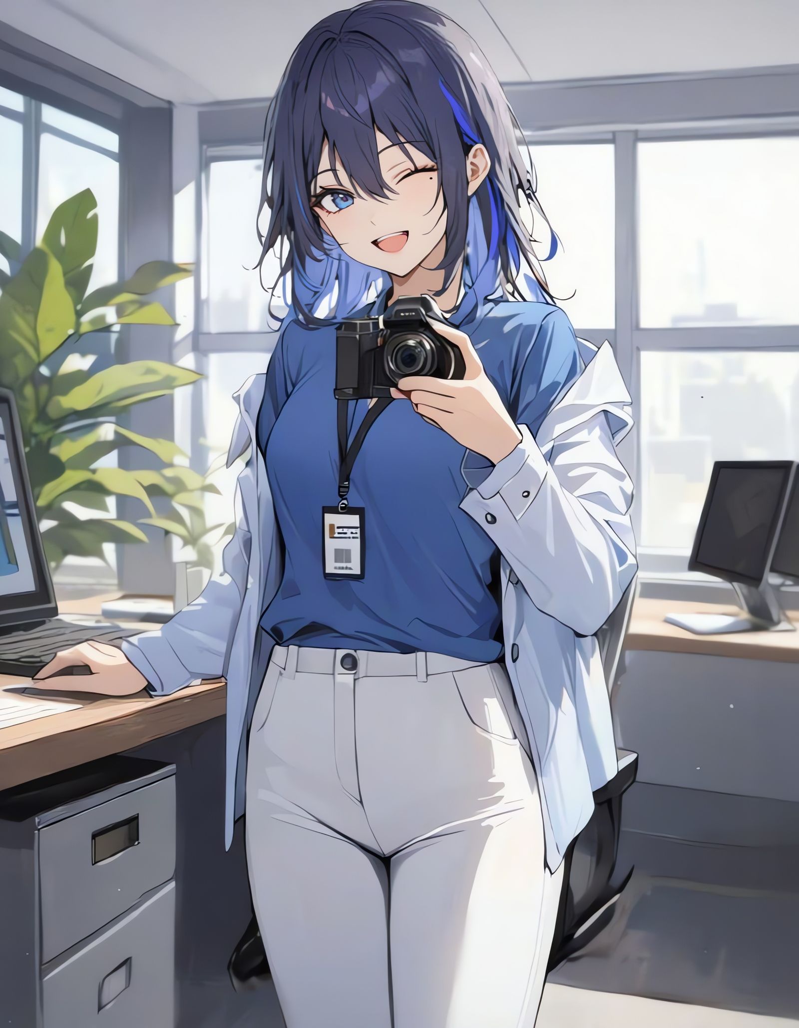 Woman in Blazer Holding Camera in Office