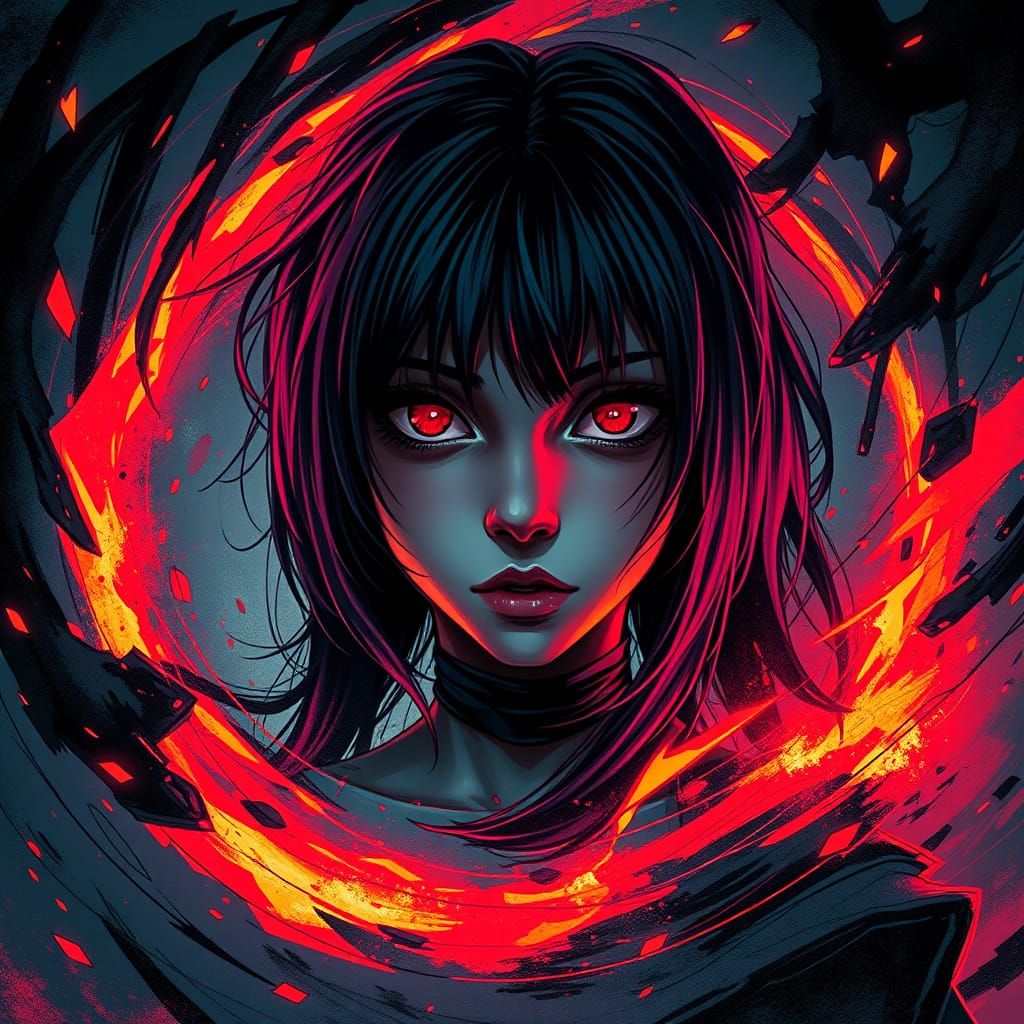 Goth Emo Girl Blazing with Fiery Passion in Dark Cyberpunk D...