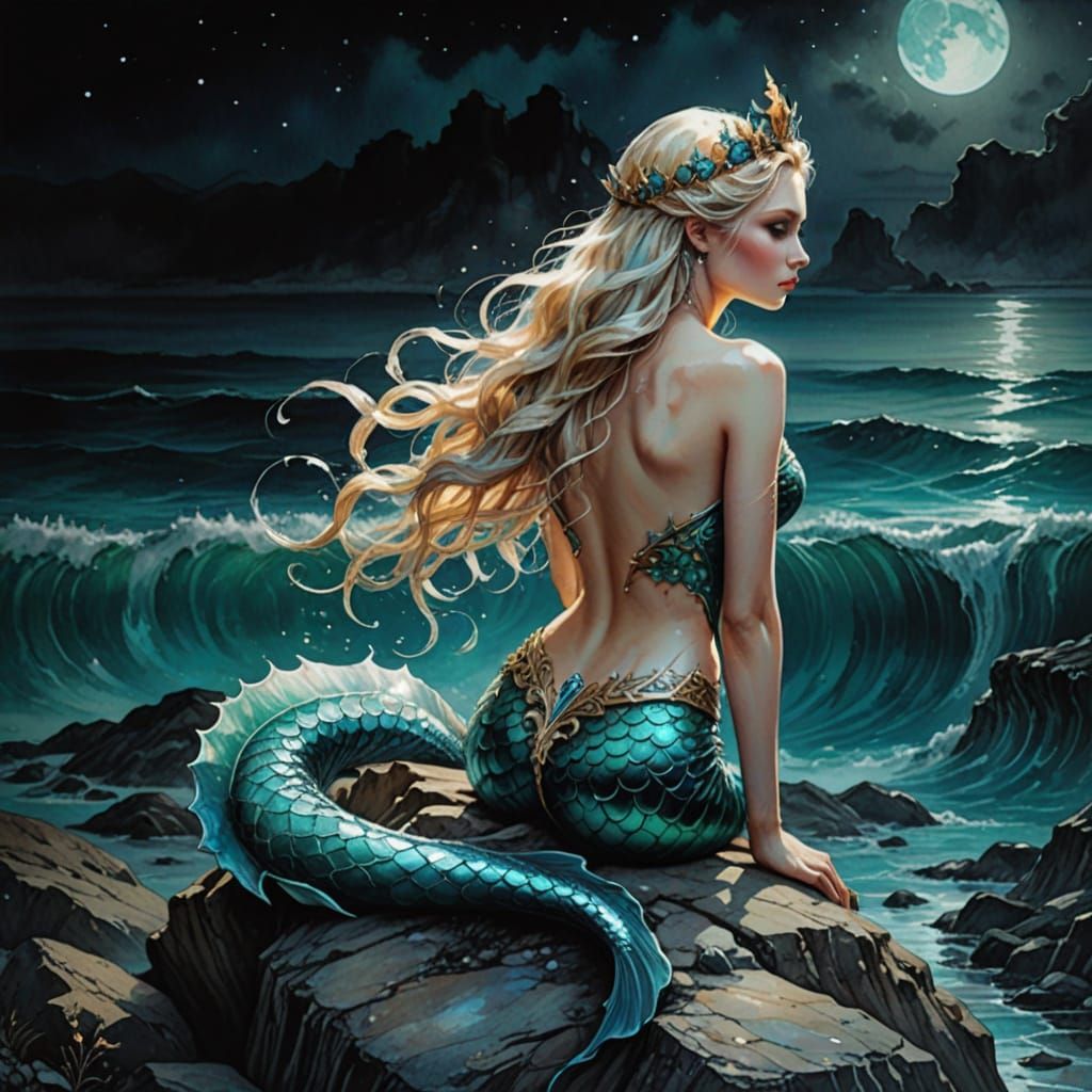 Detailed Mermaid on a Stone at Night as Sketch