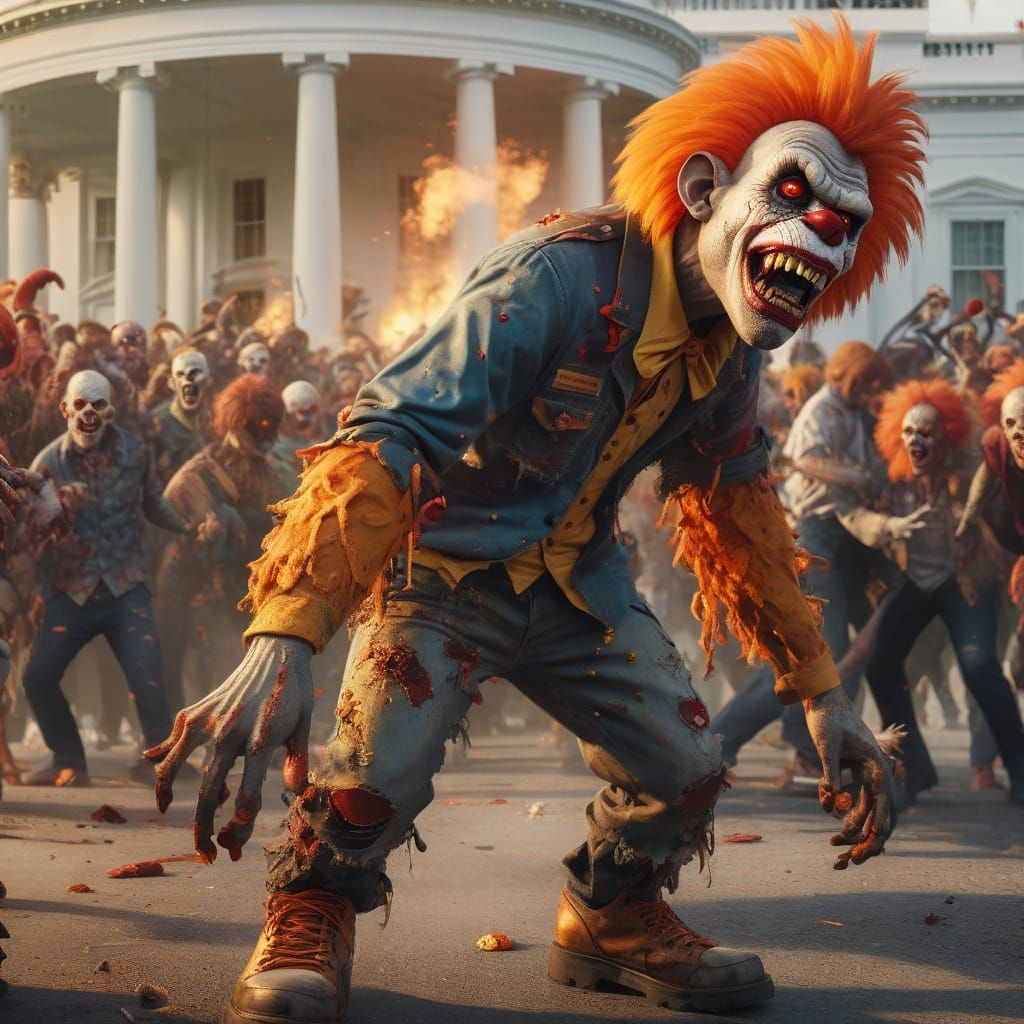 Zombie Monkey Clown Riot at White House in Comic Style
