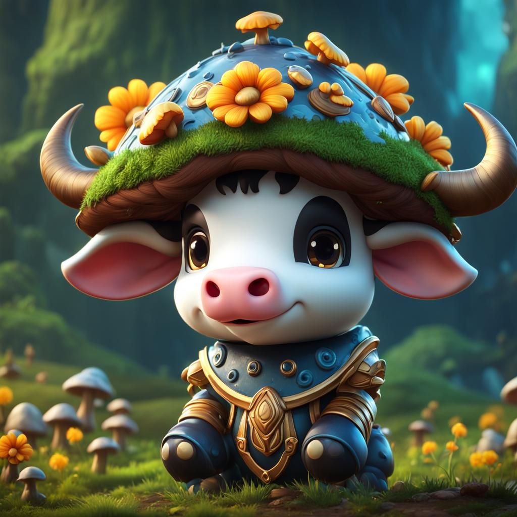 Chibi Cow with Mushrooms, Detailed Digital Art