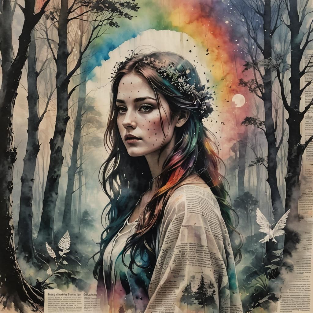 Rainbow Woodland Woman in Double Exposure Ink Painting