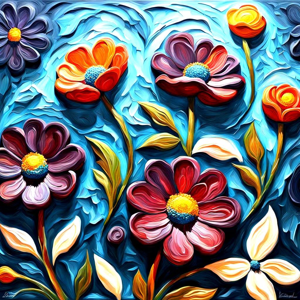 Detailed Flowers as Impasto Painting with Deep Colors