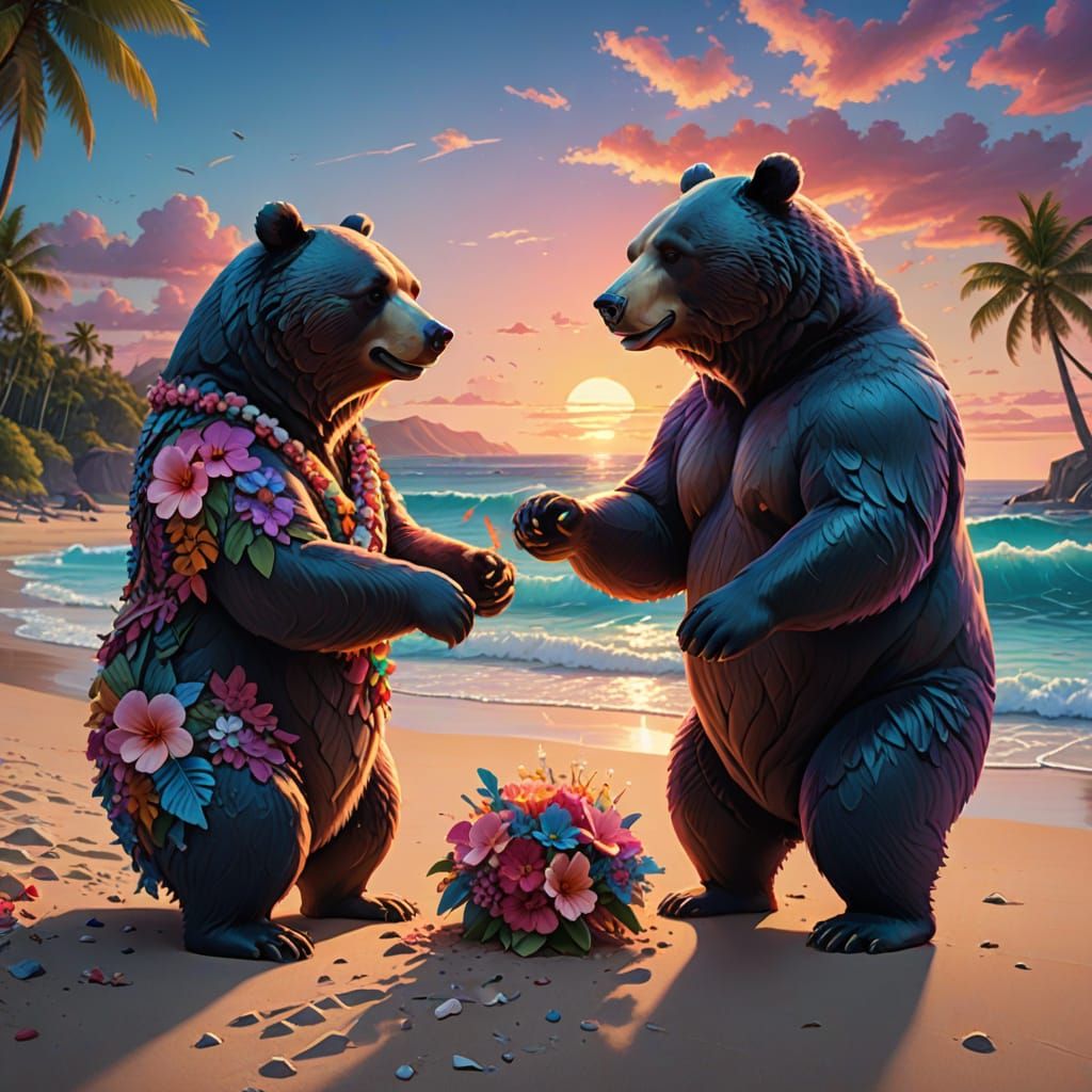 Pixar-Style Bear Wedding on a Vibrant Hawaiian Beach