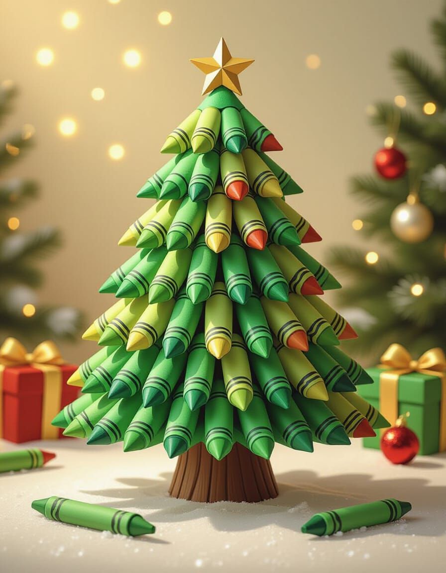Vibrant Christmas Tree Made of Crayons in Cartoon Style