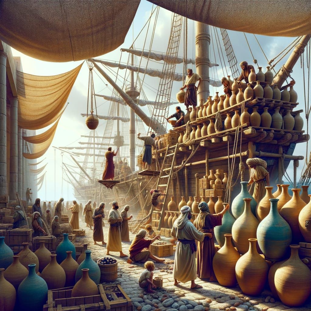 Bustling Phoenician Port Scene with Merchant Ship