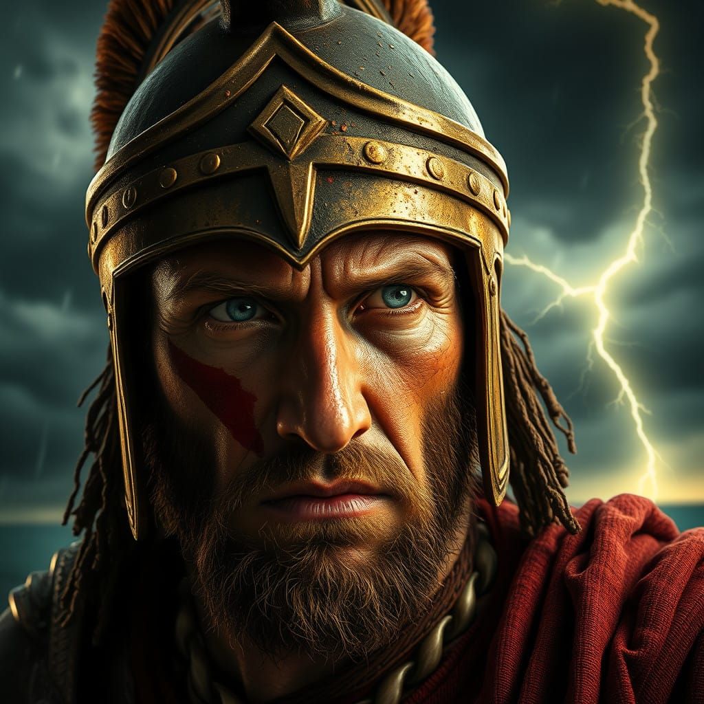 Weathered Spartan Warrior, Lit by Lightning, in Cinematic St...