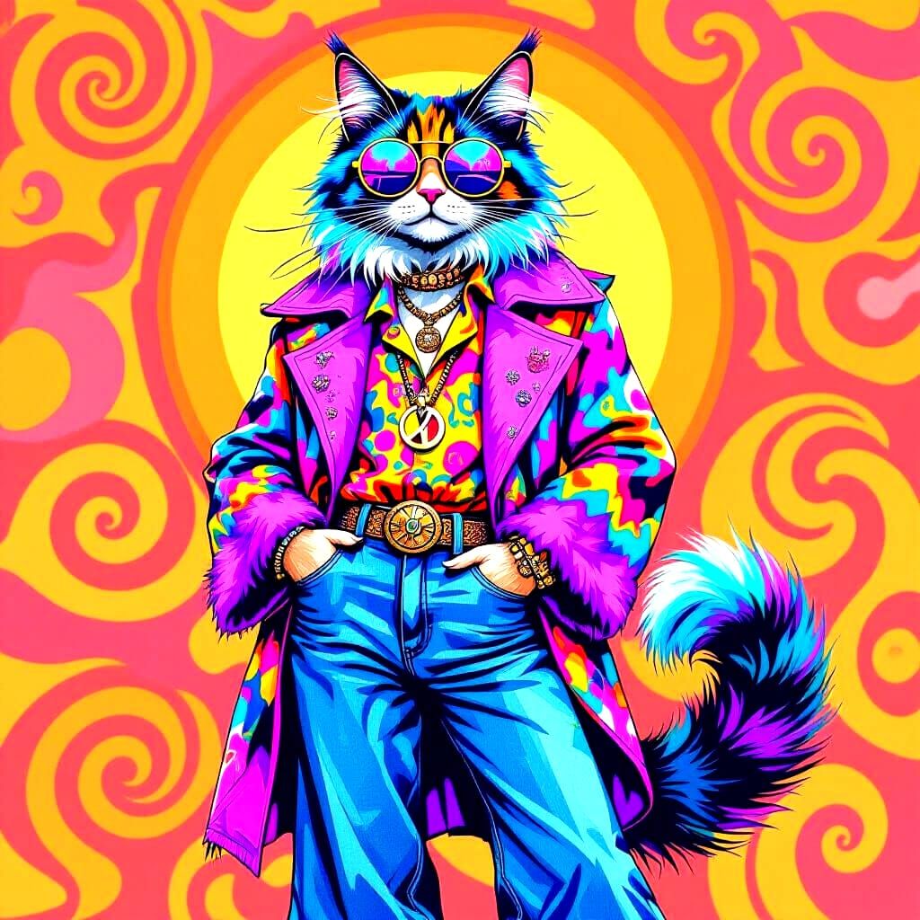 Psychedelic Cat in 1960s Outfit, Pop Art Style