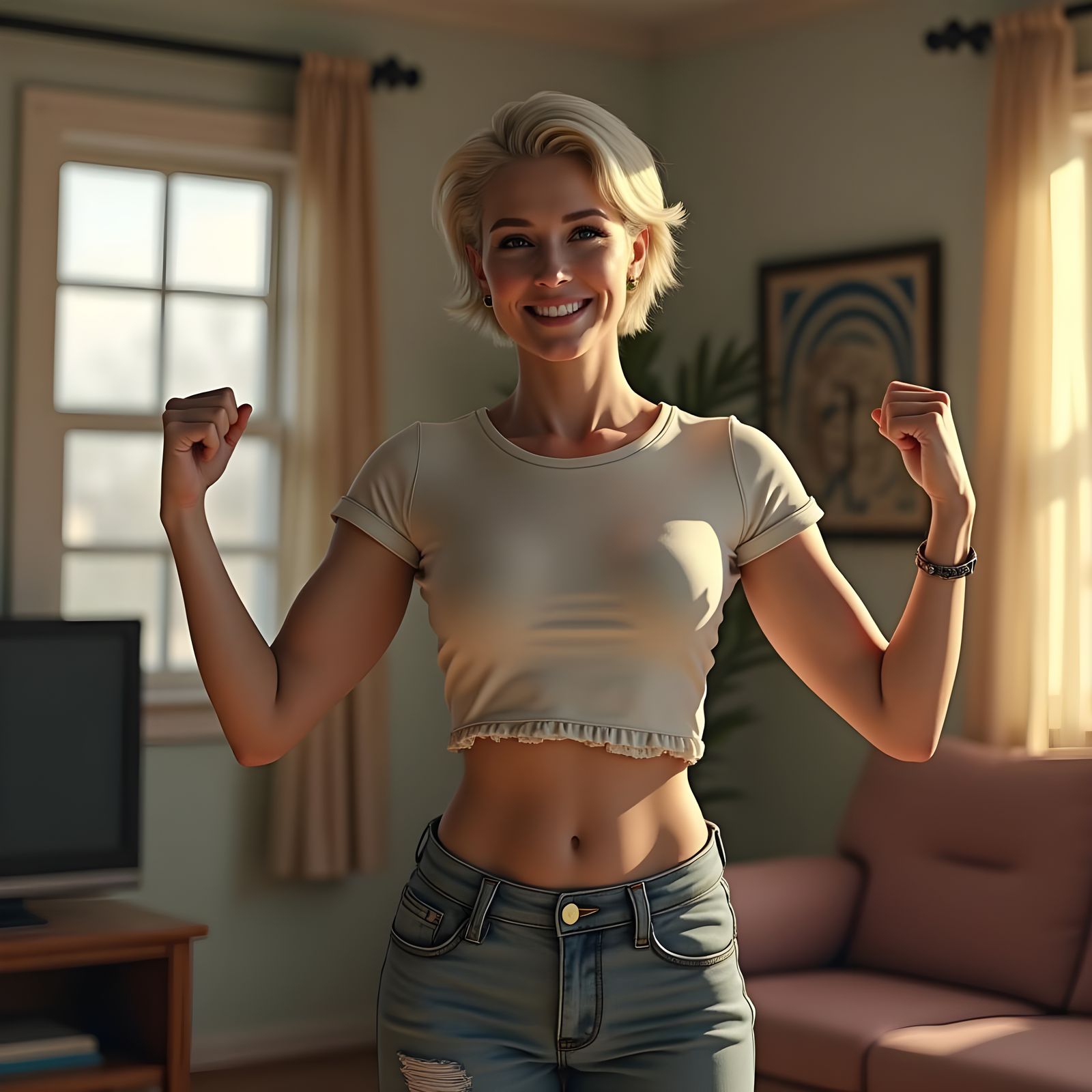 Attractive Muscular Woman in Living Room, Detailed Matte Pai...