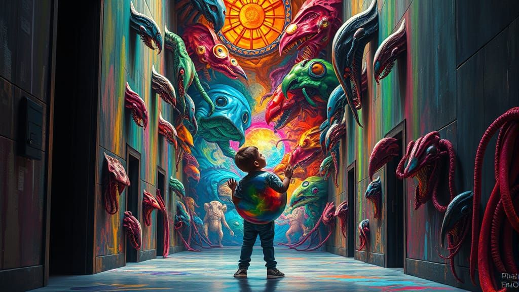 Vibrant Rainbow Globe Overwhelmed by Fantasy Creatures in a ...