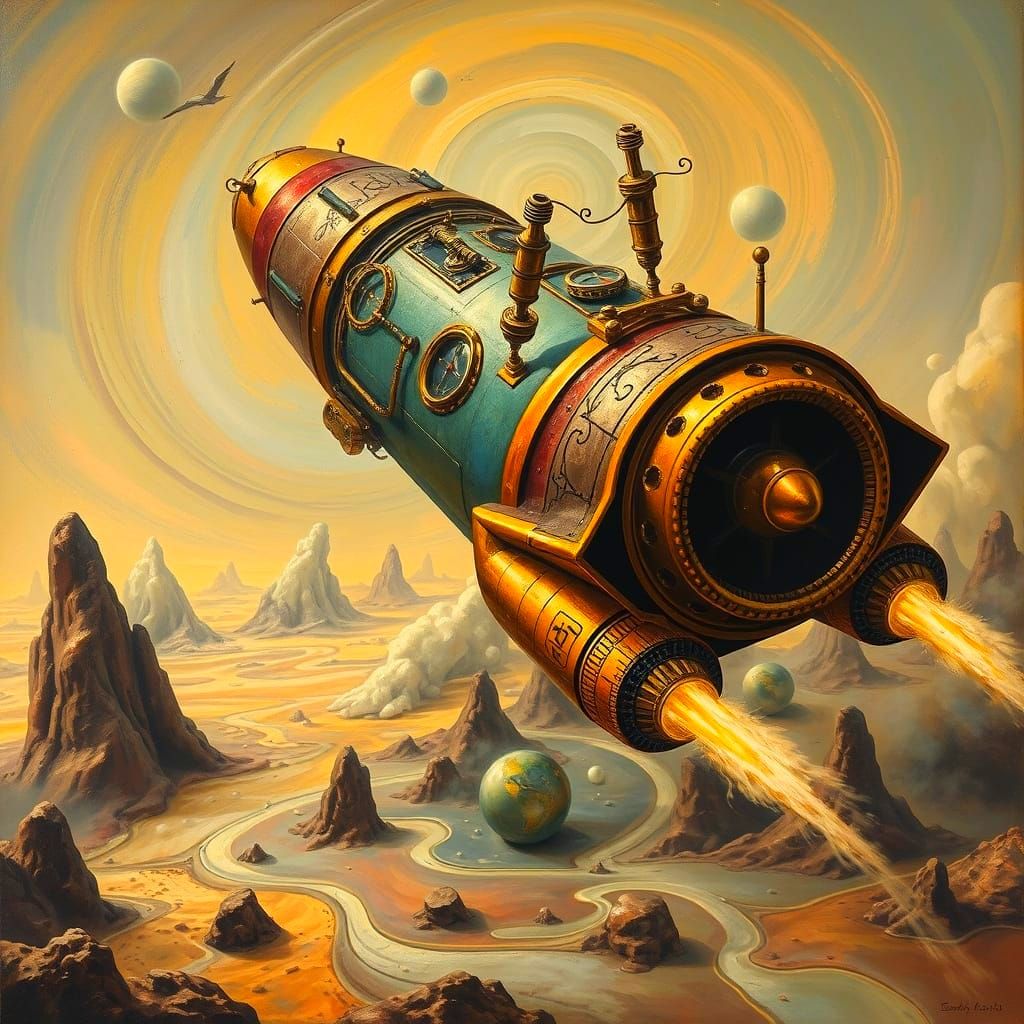 Steampunk Rocket in Space, Surreal Oil Painting