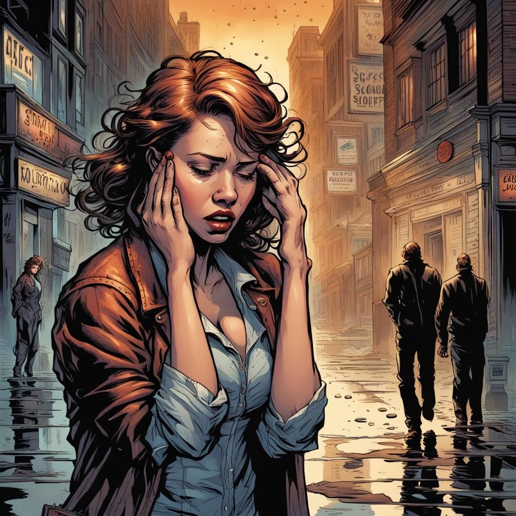 Crying Woman Amidst Lost Souls: Comic Book Art