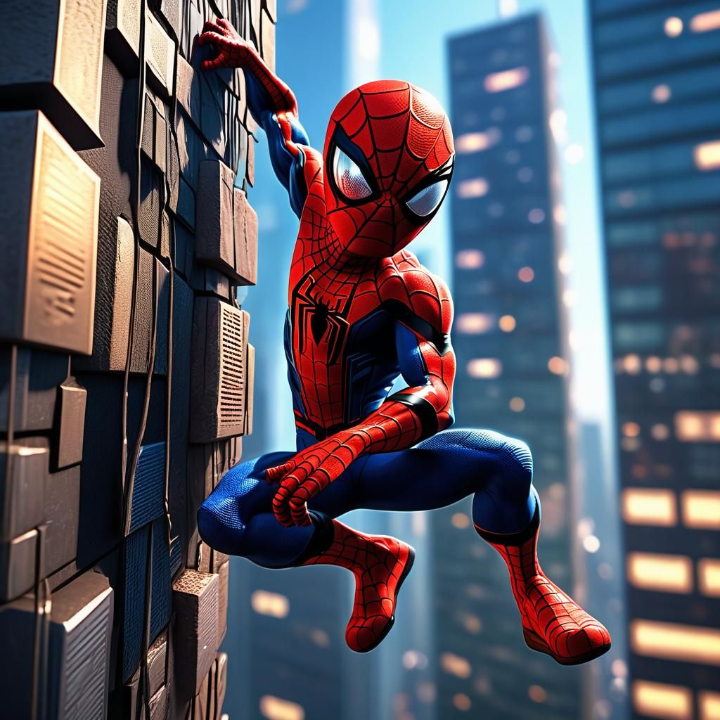 Spiderman climbing a building. The characters are depicted i...