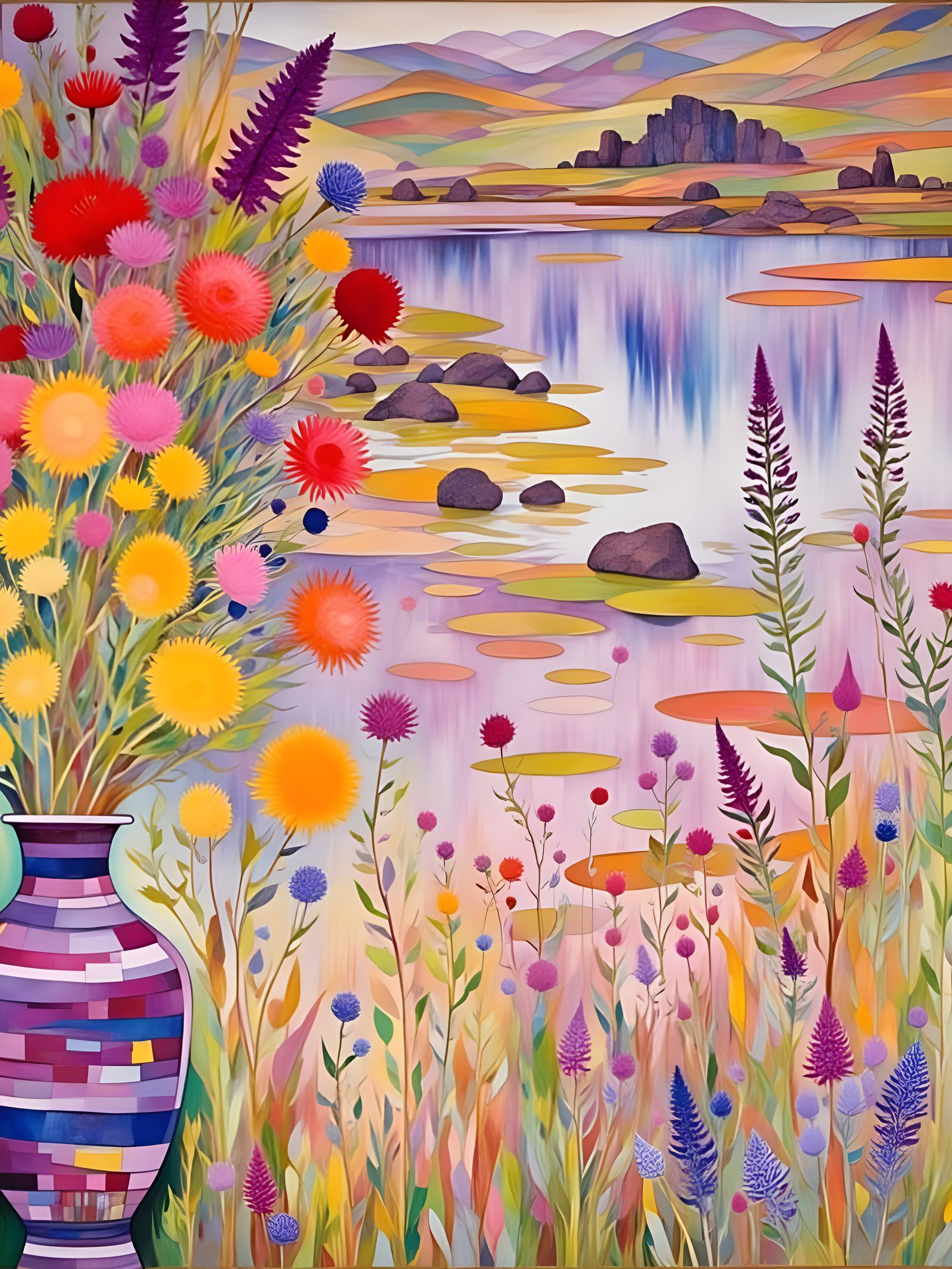 Oil Painting of a Vibrant Scottish Landscape with a Pond