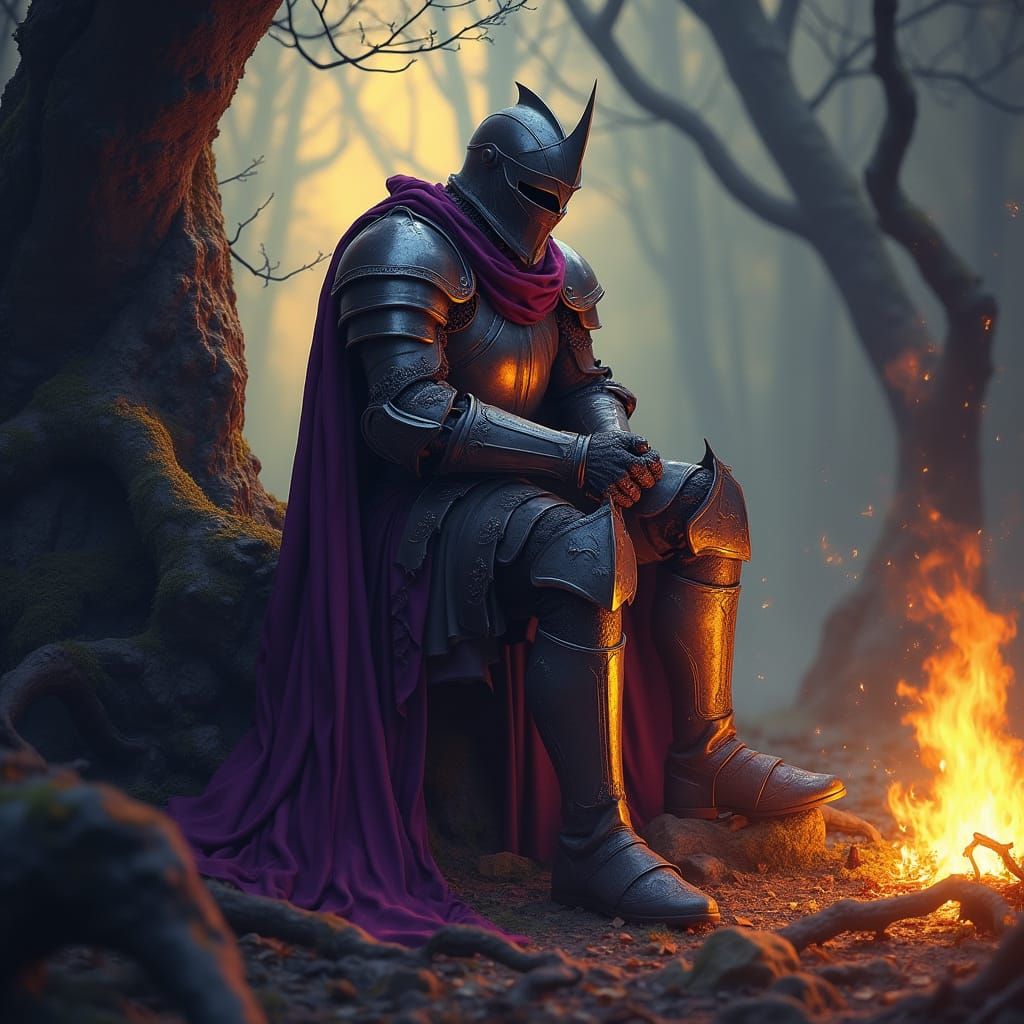 Fantasy Knight in Mystical Forest Campfire Scene