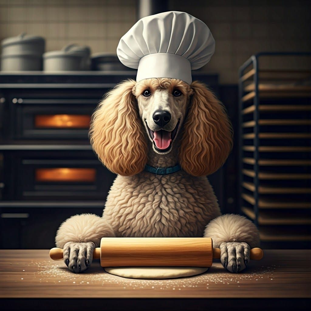 Happy Poodle Baker in Vibrant Bakery Kitchen