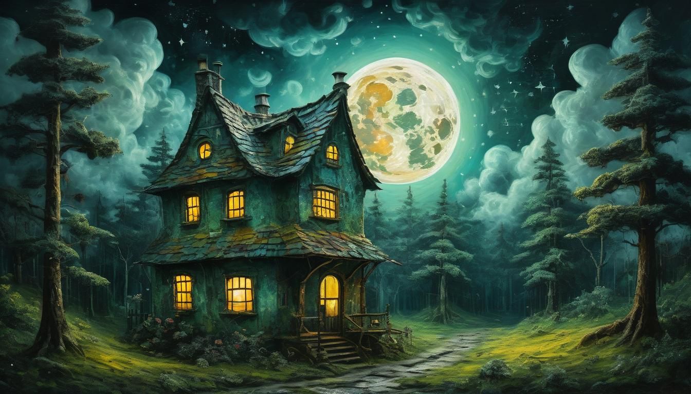 Moon House and Sun Faces in Oil Painting