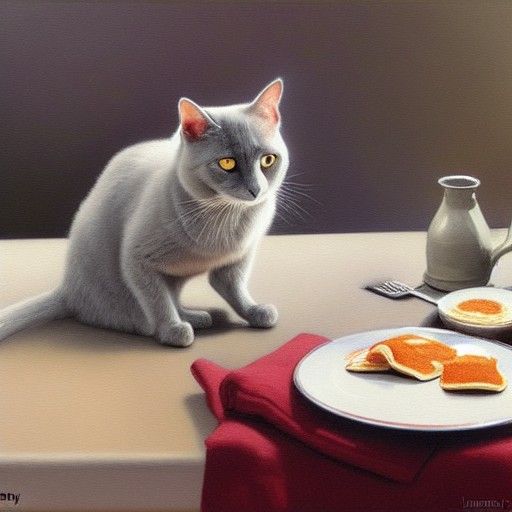 Grey Cat Enjoys Pancakes: An Oil Painting