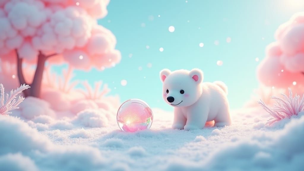 Kawaii Polar Bear in Snowy Vaporwave Anime Landscape
