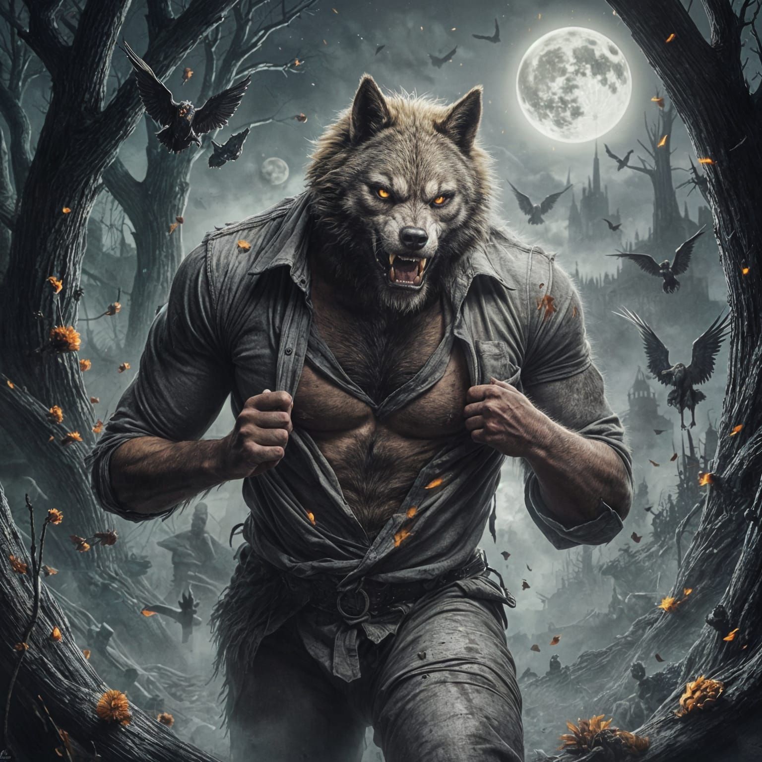Tormented Werewolf in Full Moonlight