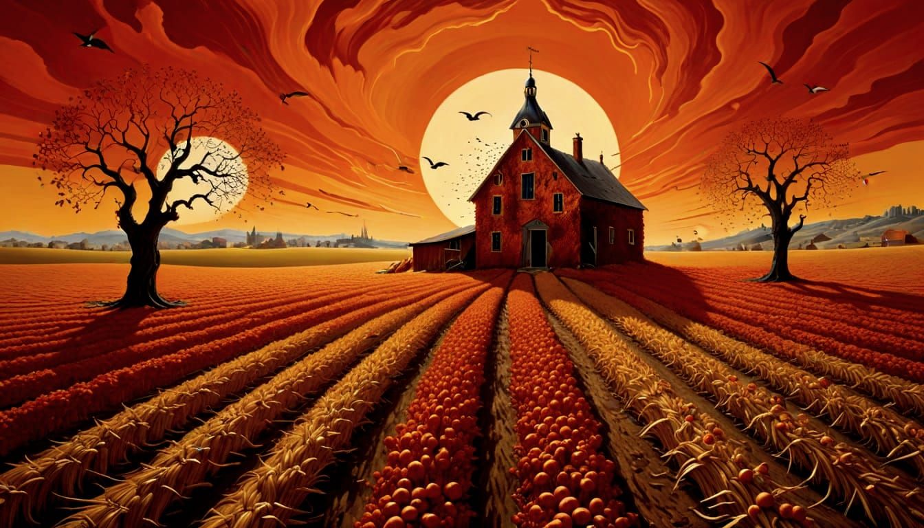 Surreal Autumn Field with Reflecting Apples and Vortex