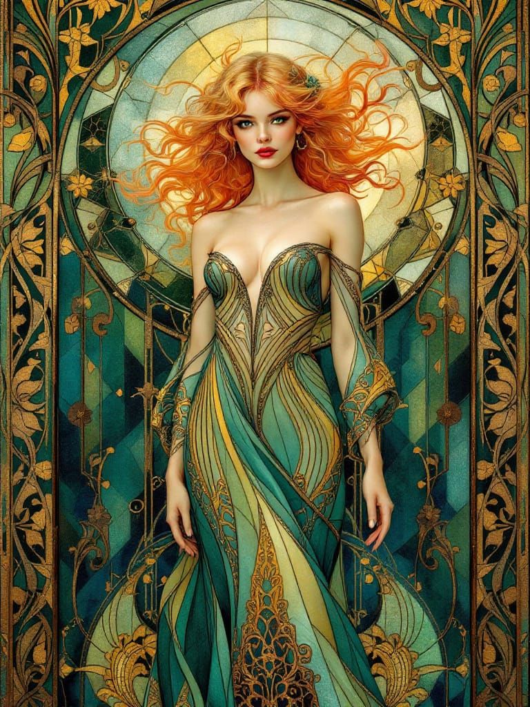 Art Nouveau Pin-Up Woman with Flowing Copper Hair